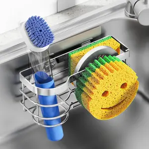 Cisily Smiley Sponge Holder for Kitchen Sink Caddy Stainless Steel Movable Brush Holder Dish Cloth Hanger Suction Cup Sink Caddy Organizer Scrubber Accessories Silver
