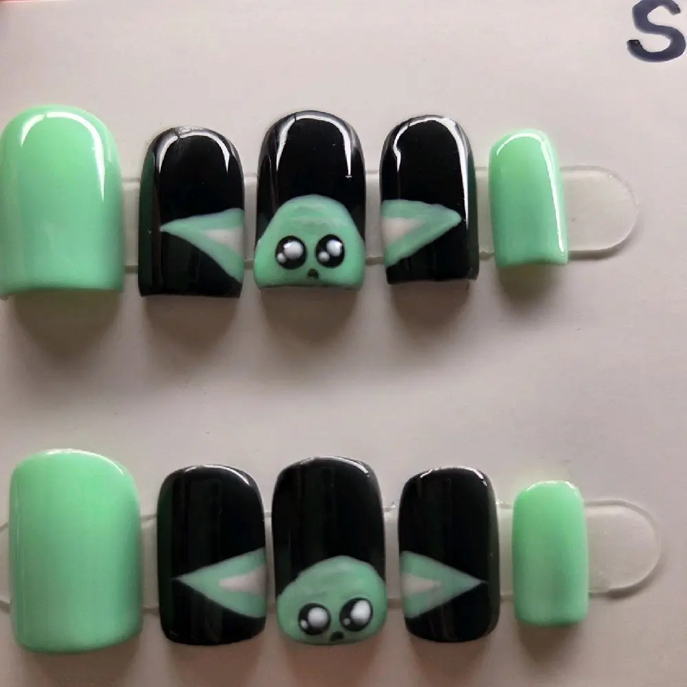 Hand Painted Grogu Press-On Nails, Small Size, Square Shape, Extra Short Length