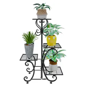 4 Tier Metal Plant Shelf , Plant Stand Indoor Outdoor Flower Pot Holder Display Racks - Wrought Iron Corner Multiple Planter Rack Organizer for Garden Patio Lawn Balcony Office Black