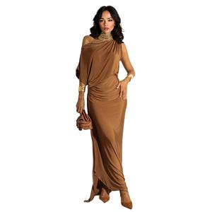 LikeMyChoice Oblique Collar Off-Shoulder Pleated Maxi Dress in Brown Polyester for Wedding Vacation Party Slim Fit Elegant Womenswear