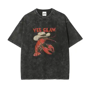 Yee Claw Fun Lobster Pattern T-shirt - Women's Vintage Washed Summer T-shirt - Retro Western Cowboy Crayfish Pattern Loose Top,summervibes