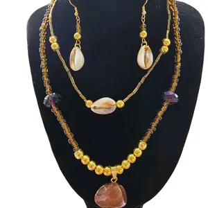 Marine Shell Design Gold Beaded Necklace & Matching Earrings Set with Elegant Gold Beads and Unique Shell Accents