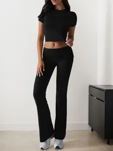 2026 Spring Summer New Sportswear Set, Athletic Activewear Tracksuits, Casual Workout Two Piece Outfits Short Sleeve High Waist Fold-Over Flared Leggings Pants Tracksuit Sets Streetwear Yoga Pants