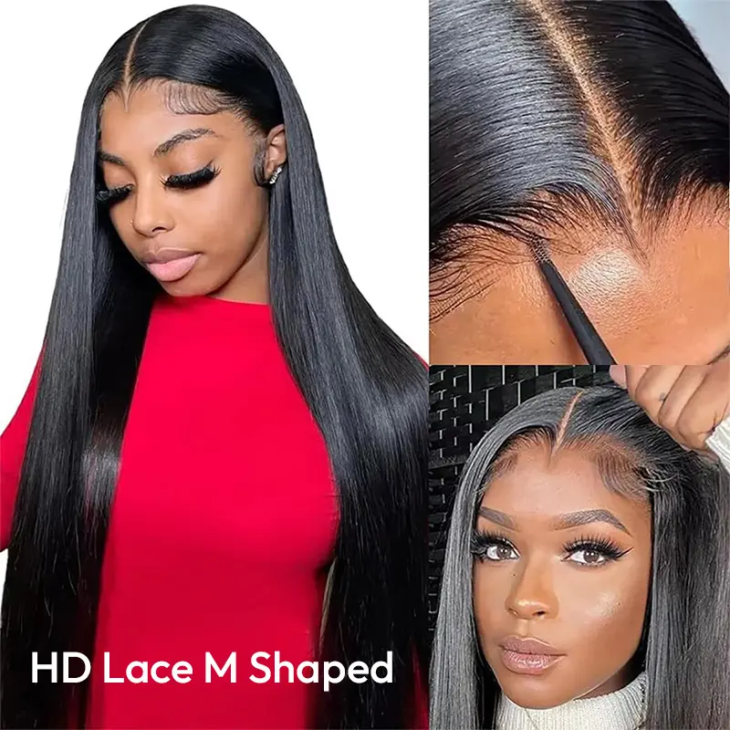 [M-Hairline] 300% Density HD 13×6 Lace Front Wig Window's Peek Natural Black Straight Human Hair Wig  Beginners Friendly