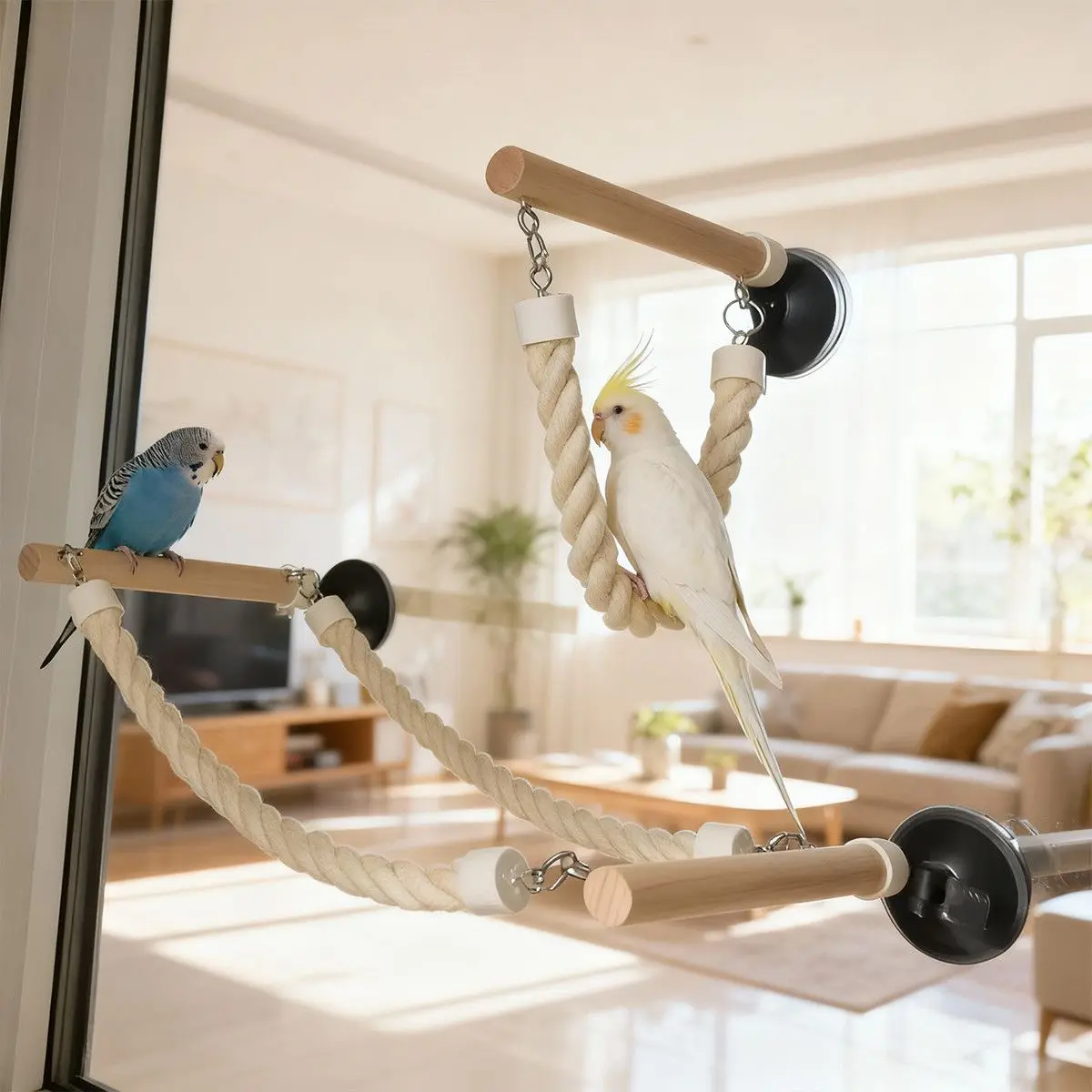 Wood Bird Swing for Small-Medium Birds - Finely Ground Habitat Pole, Window Glass/Tile Suction Cups, Habitat Frame, White Rope for Varied Perching, Stand Perch