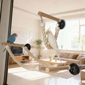 Wood Bird Swing for Small-Medium Birds - Finely Ground Habitat Pole, Window Glass/Tile Suction Cups, Habitat Frame, White Rope for Varied Perching, Stand Perch