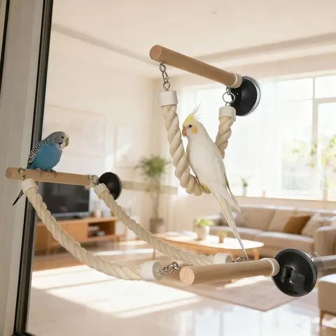 Wood Bird Swing for Small-Medium Birds - Finely Ground Habitat Pole, Window Glass/Tile Suction Cups, Habitat Frame, White Rope for Varied Perching, Stand Perch
