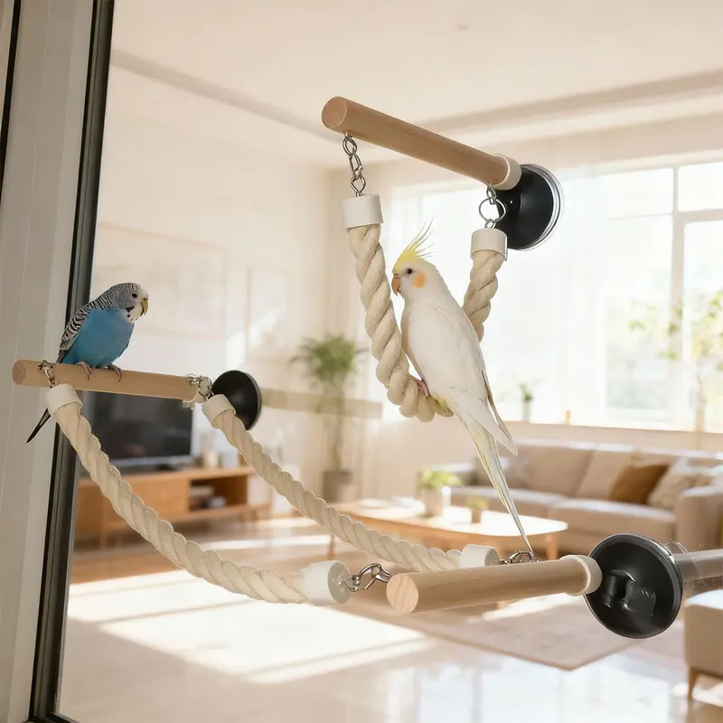 Wood Bird Swing for Small-Medium Birds - Finely Ground Habitat Pole, Window Glass/Tile Suction Cups, Habitat Frame, White Rope for Varied Perching, Stand Perch