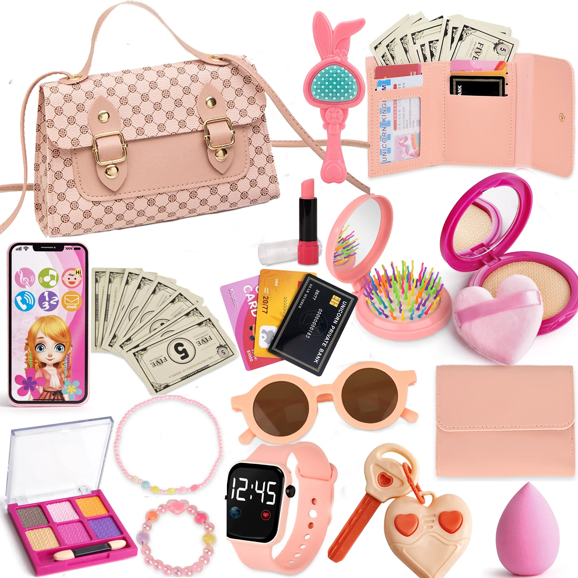 Princess Role Play Toy Set for Girls, Includes Handbag, Phone, Watch, Wallet, Necklace, Bracelet, Party Props, Ages 3+, Pretend Play Set, Pretend Play Accessories