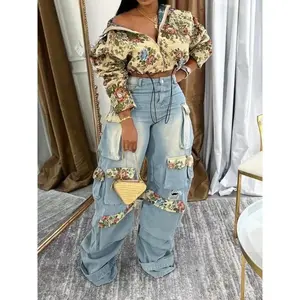 Washed Denim Women's Full Sleeve Floral Jacket and Pocket Cargo Jeans Top Clothes Suits Baggy Womenswear Comfort Turtleneck Loose Oversize two  piece  outfit Gamis 2 piece sets women Trouser Pants Trouser Pants Cotton