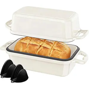 Cast Iron Sourdough Bread Dutch Oven, Cast Iron Loaf Bread Pan for Homemade Bread Baking, 8.5 x 4.5 Inch Meatloaf Pan with Lid, Oven Safe, Cream