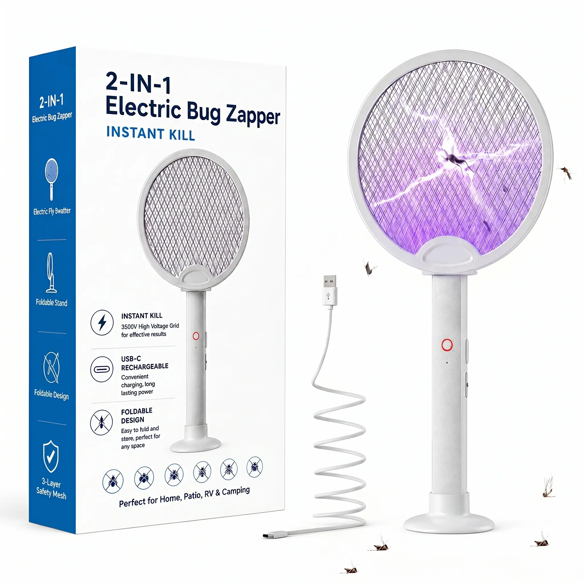Foldable Electric Fly Swatter Bug Zapper, USB Rechargeable 2-in-1 Mosquito Killer with UV Purple Attractant Light, Handheld or Hands-Free Charging Base, 3-Layer Safety Mesh for Mosquitoes, Flies, Gnats & Flying Insects, Indoor, Backyard, Patio & Camping