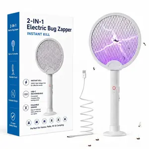 Foldable Electric Fly Swatter Bug Zapper, USB Rechargeable 2-in-1 Mosquito Killer with UV Purple Attractant Light, Handheld or Hands-Free Charging Base, 3-Layer Safety Mesh for Mosquitoes, Flies, Gnats & Flying Insects, Indoor, Backyard, Patio & Camping