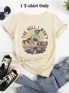 Women's Cartoon Cowgirl & Letter Print Round Neck Tee, Vintage Trendy Casual Streetwear Fitted Short Sleeve T-shirt Top for Daily Wear, Ladies Summer Clothes, Piece, Womenswear
