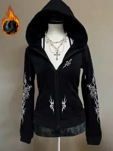 New thick heavyweight fleece integrated fleece, subculture y2k Gothic chic style print, black hooded Aesthetic Hoodie Long Sleeve Fitted Fit zipper Street Fashion sweatshirt Casual jacket, American retro top, Streetwear, Womenswear