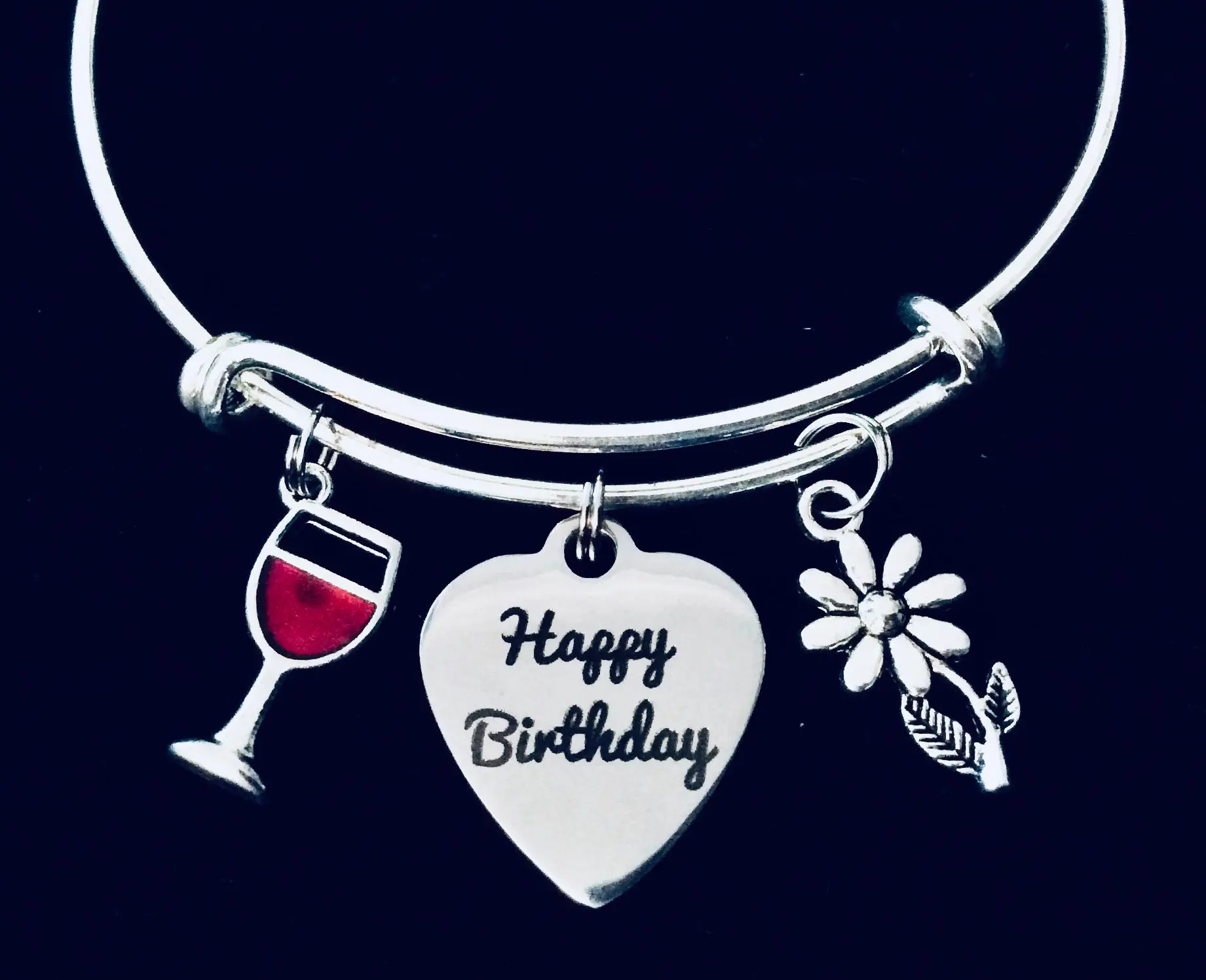 Happy Birthday Charm Bracelet – Silver Expandable Bangle with Wine Glass, Daisy Flower & Heart Birthday Pendant – Birthday Jewelry Gift
