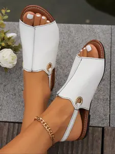 Women's Fashionable Plain Color PU Leather Sandals, Casual Versatile Flat Sandals for Summer, Lightweight Breathable Comfortable Shoes for Daily Wear, Girl, Fashionable Comfy Sandals