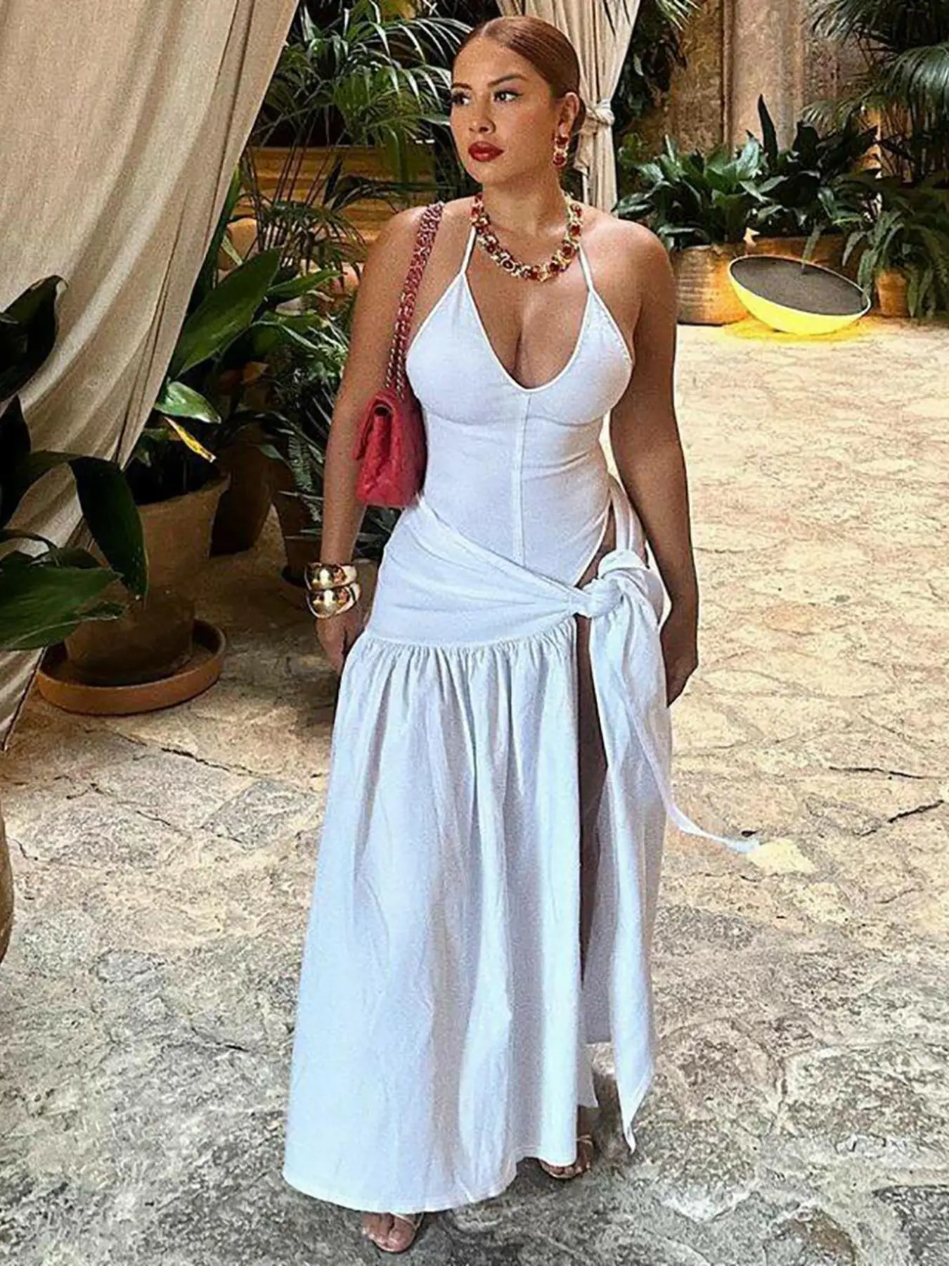 Women's Solid Backless Cami Bodysuit & Split Thigh Skirt Two-piece Set, Sexy Fashion Casual Halter Neck Bodysuit & Tie Front Plicated Skirt for Daily