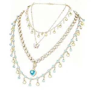 “Moonlight Sinking” Shell Aquamarine Zircon Tassel Necklace Layering High-end Sweater Chain Vintage Collarbone Chain Cubic Zirconia Pendant mothers day gift ideas womens gifts