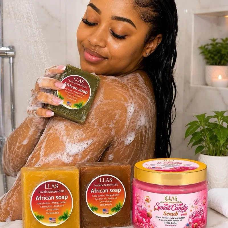 LLAS Lovalocaessentials African Soap & Sweet Candy Scrub Set   Upgrade your skincare routine with our handcrafted 4-piece body care set, featuring 3 African Soap Bars and 1 Sweet Candy Body Scrub (5 oz). Each product is carefully crafted with nourishing