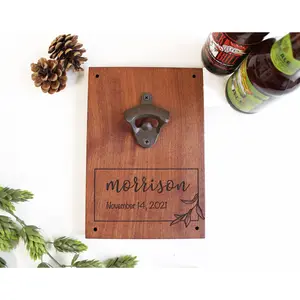 Wood Bottle Opener Wall Mount | Personalized Engraved Leaf Border Last Name