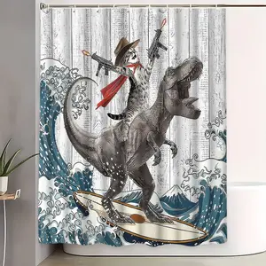 Creative Cat Dinosaur Surf Theme Shower Curtain Set, Blue Colors, Includes Plastic Hooks, Non-Slip Mat, U-Shaped Toilet Pad