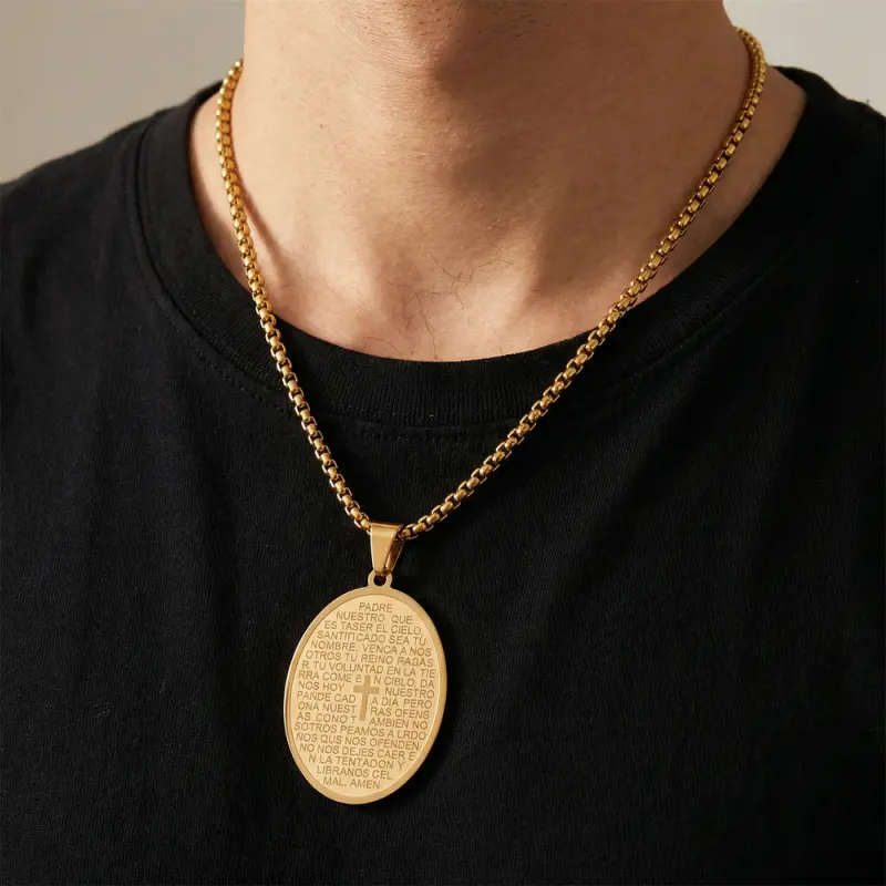 Gold Cross Pendant Necklace - Gold-Plated Stainless Steel Spanish Lord's Prayer Engraved Necklace, 26mm/1.02in Center Cross, 60cm/23.6in Chain, Unisex Daily Religious Faith Costume Jewelry Gift, Gold Cross Pendant Necklaces