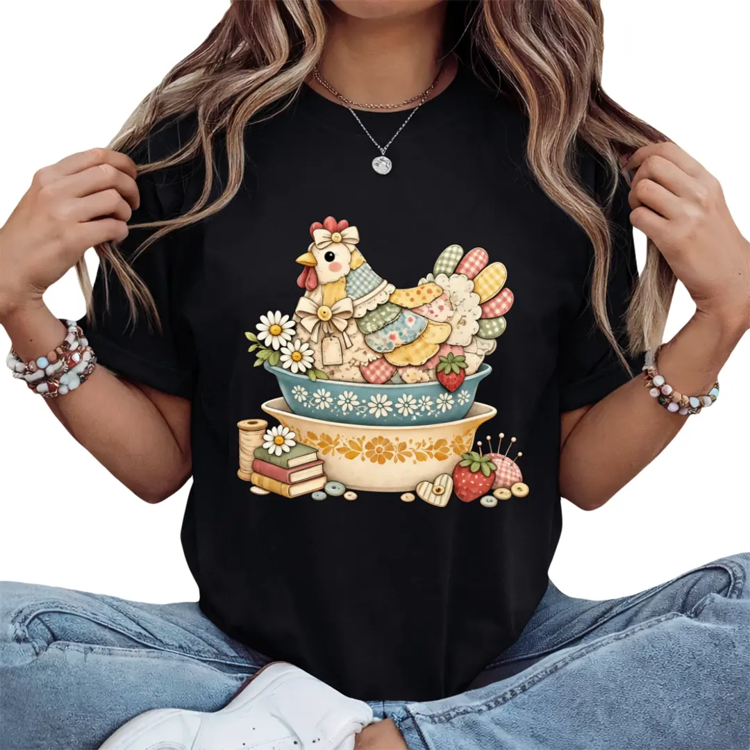 Patchwork Vintage Chicken Pyrex Inspired T-Shirt, Quilted Hen on Nest, Grandma Core Vintage Kitchenware Shirt, Printed Shirt