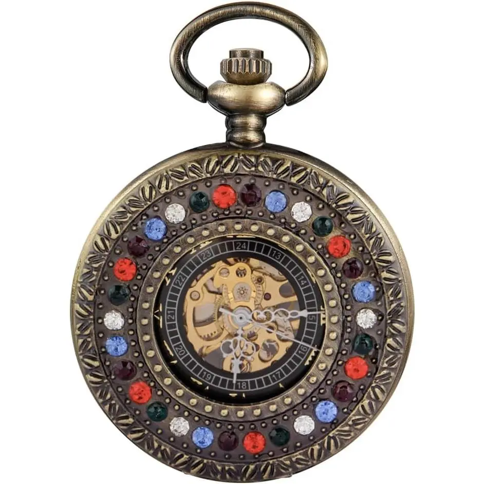 Men's Mechanical Holoow Design Hand Wind Pocket Watch Roman Numerals Steampunk with Chain Box