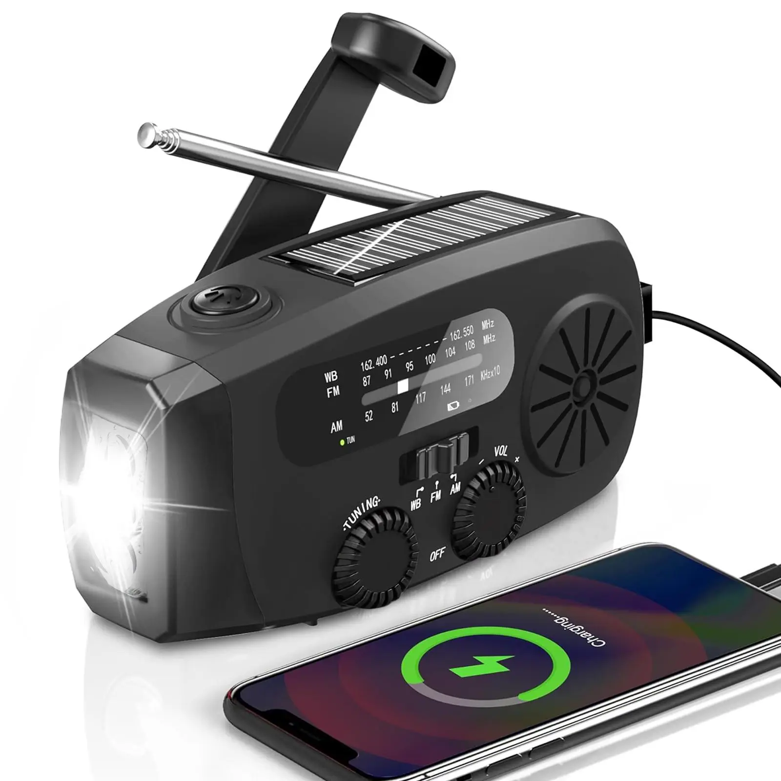 Solar Powered Flashlight with 2000mAh Power Bank, Hand Crank Self-powered LED Flashlight Radio, Professional Lighting for Outdoor Camping Hiking