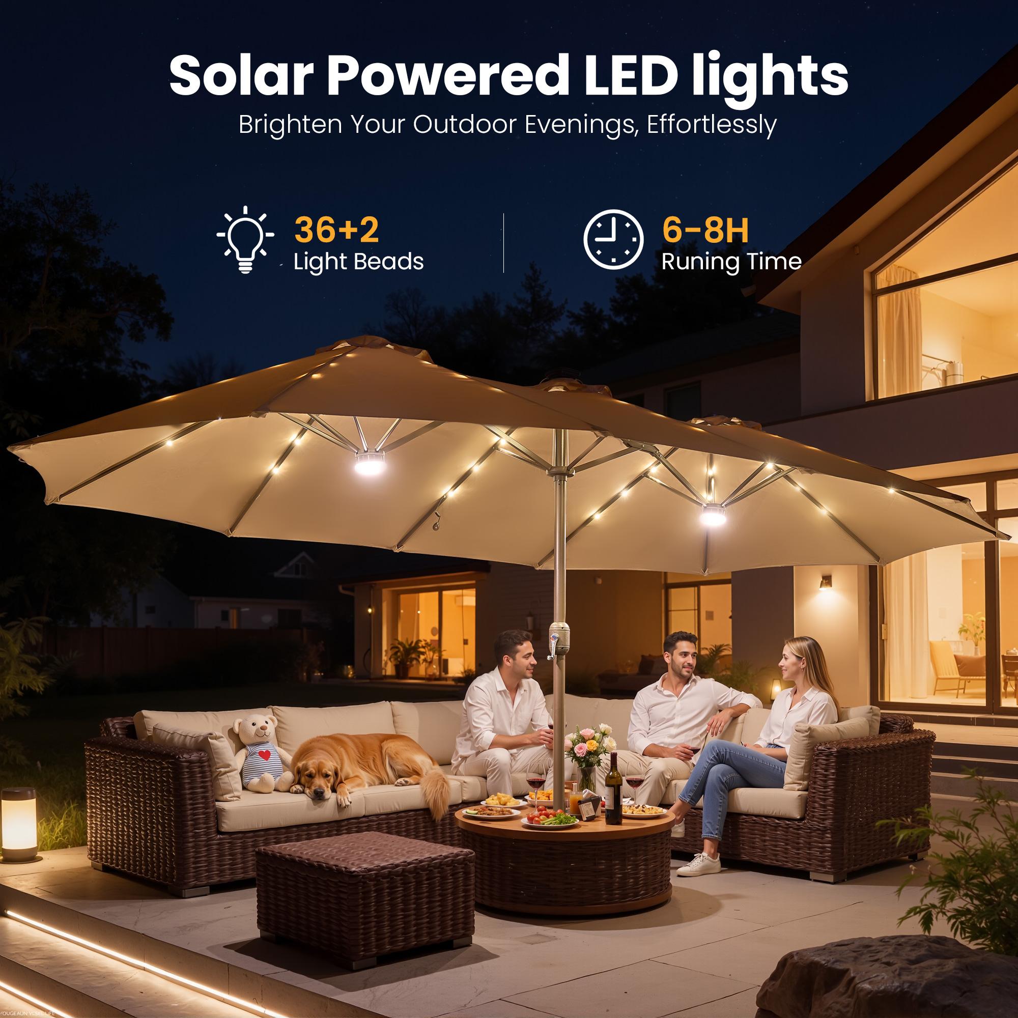 CAODOC 15ft Extra Large Double Sided Rectangular Patio Umbrella with Base Included, Solar Powered 36 LED Lighted Shade Canopy, Outdoor Market Parasol for Backyard Deck Garden Poolside