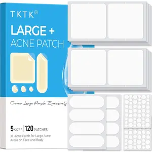 TKTK Hydrocolloid Bandages, 45 x 45 mm Large Pimple Patches for Face, XL Acne Patches for Body, Back, Forehead, Cheek Zit Breakouts, Big Hydrocolloid Patch (Square, Strip, Dot 5 Sizes 120 Count)