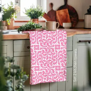 Pink Talavera Kitchen Towel Set of 2 with Design 100% Cotton Flour Sack for Latin, Mexican and Hispanic Kitchen Decor 17.7 x 25.5 inches