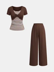 2-Piece Retro Y2K Style Casual Striped Top & Flowy Trousers Set, Soft Breathable Fabric for Summer Vacations & Coffee Runs