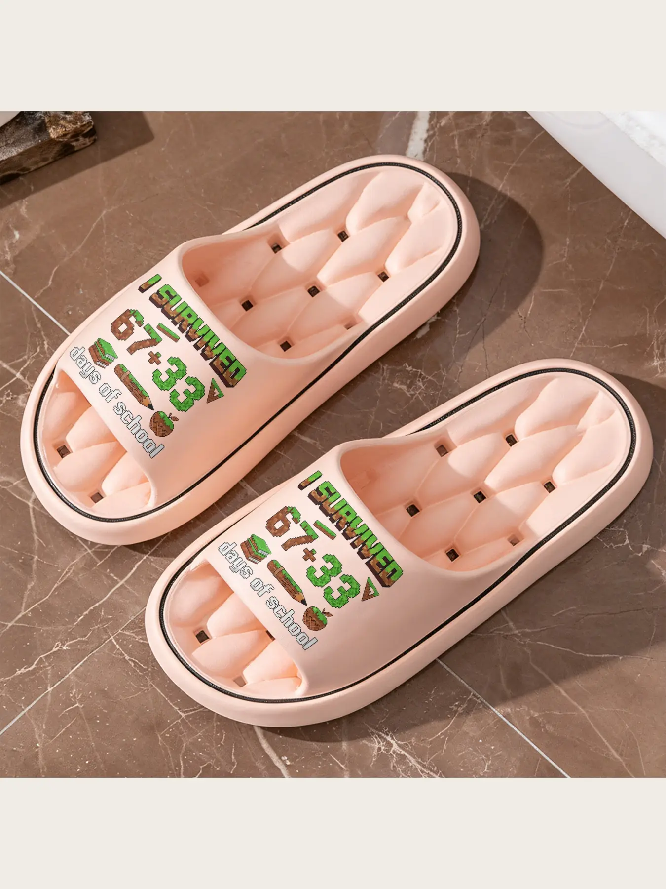 Minecraft Themed Slippers I Survived 100 Days of School Funny 67 Plus 33 Pixels Graphic House Slippers Soft Non Slip Plush Slides For Kids Gamers Cozy Indoor Outdoor Slip On Slippers