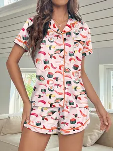 Women's Sushi Print Pajama Set, Fitted Short Sleeve Top & Shorts, Casual Home Wear Loungewear Nightwear Pjs, All Seasons, Button Front, Pocket Design