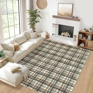 Washable Checkered Print Rug Soft Non-slip Vintage Style Neutral Color Ultra-thin Non-shedding for Living Rooms Bedrooms Dining Rooms Offices Apartments and Laundry Rooms
