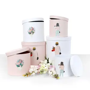 Set of 3, Round Flower/Gift Boxes with Lids, City Life Collection, Pink/White | W588