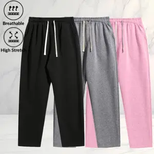 Men’s fashion straight leg casual sweatpants three piece set, minimalist high street style, drawstring elastic waistband design, highly stretchy and breathable for comfort, loose fit that doesn’t restrict movement, suitable for everyday wear and sports ac