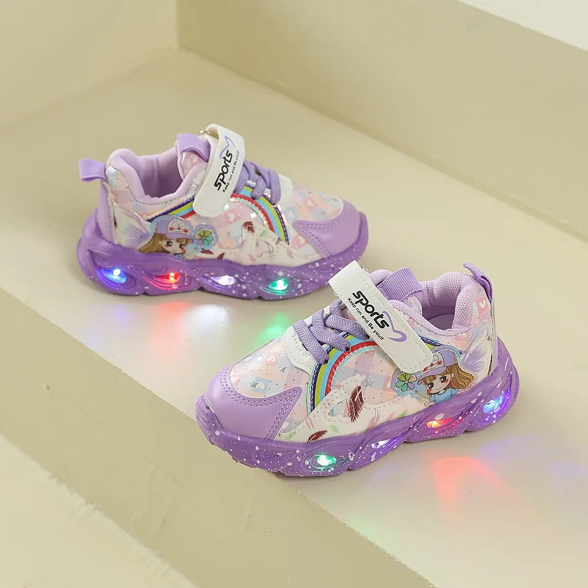 Back to School Cute Princess Girls LED Light Up Shoes, Cartoon Design Soft PU Leather Sneakers for Toddler Daily School & Outdoor Use