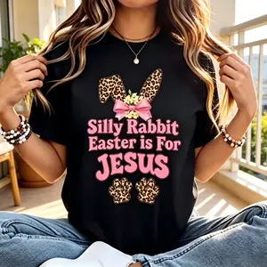 Silly Rabbit Easter Is For Jesus Leopard Print Women’s T-Shirt  Women’s Short Sleeve Top#EasterJesusTee #WomenEasterShirt #FunnyEasterTee