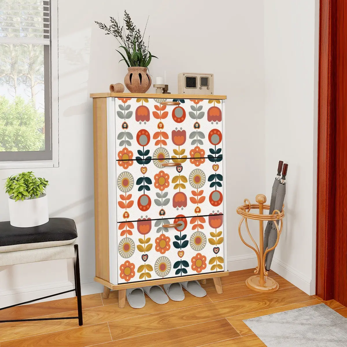 Mid Century Modern Scandinavian Designed Shoe Cabinet, Danish Floral Mudroom Organizer Cabinet
