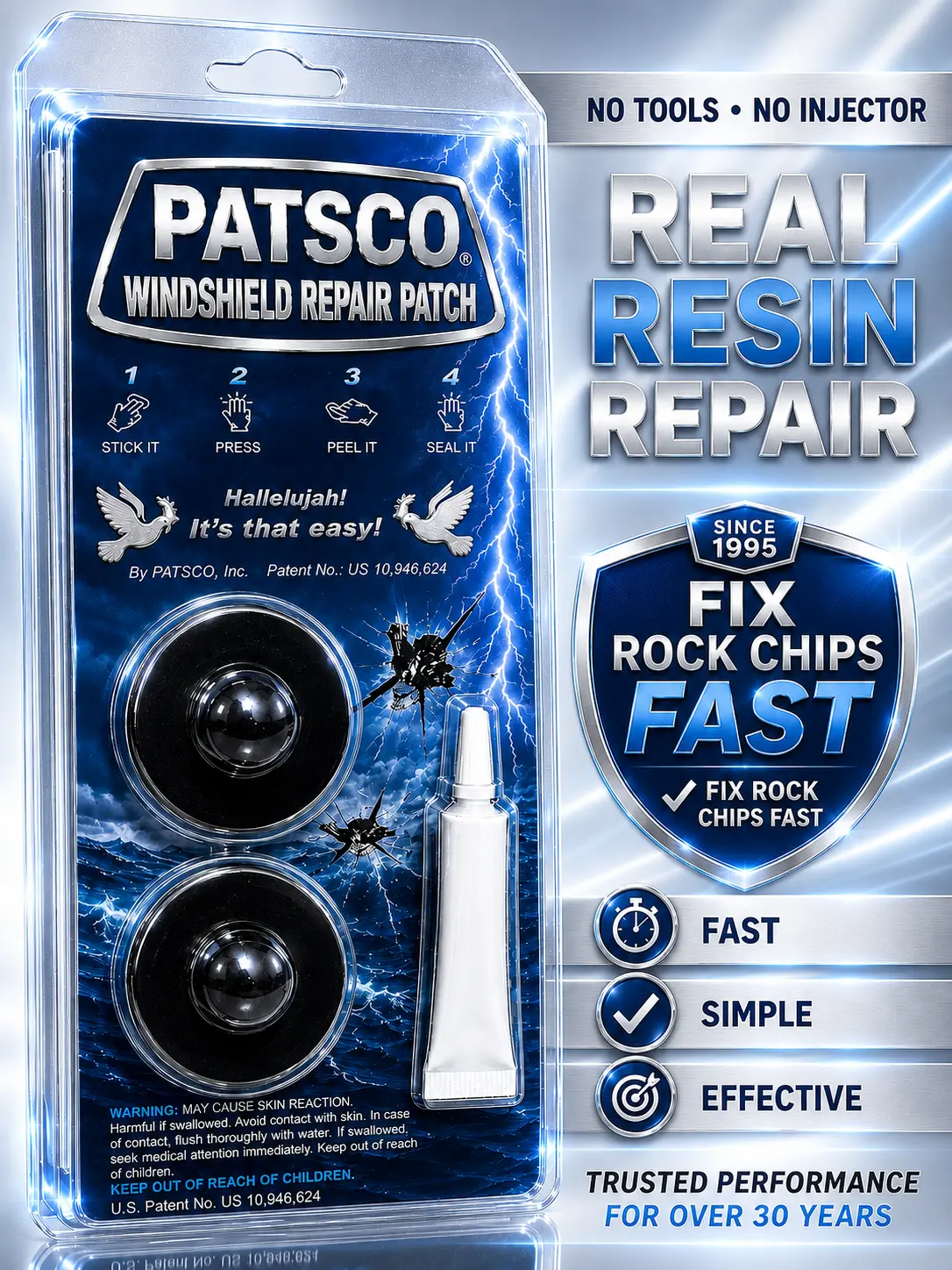 Patsco Windshield Repair Patch Kit - USA-Made DIY Auto Glass Solution with DIY Method, Peel Apply, Fix Rock Chips Fast, Quick and Effortless Repair, No Tools Needed for Cars, Trucks
