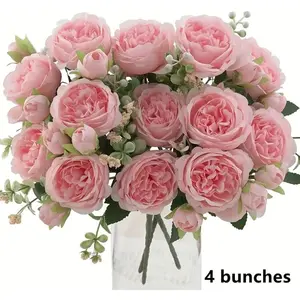 4-piece artificial peony bouquet - artificial blooming peonies with green leaves, suitable for weddings, Mother's Day, Valentine's Day, spring decoration - indoor and outdoor plastic flowers, Fake Silk Flowers, without vase
