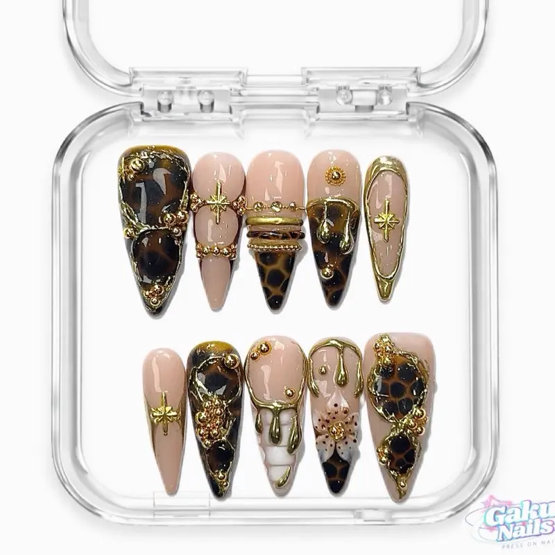 GakuNails Gilded Wild Luxury Handmade Press On Nails Multi-Pack, 10-Pieces Stiletto False Tips, Reusable Builder Gel-Enhanced Nails with Full Application Kit for Long-Lasting Look