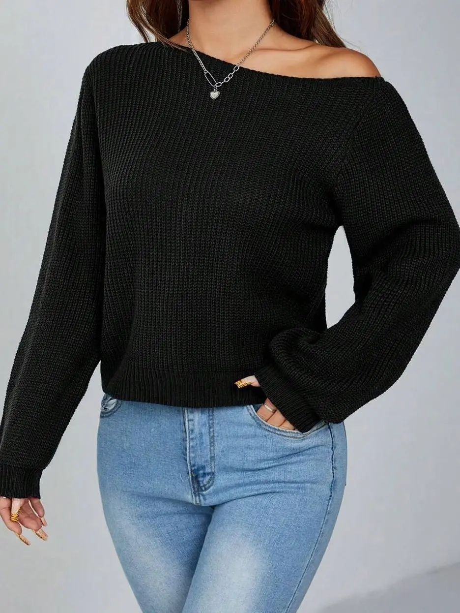 Petite Off-The-Shoulder Ribbed Sweater, Slanted Neck Long Sleeve Pullover, Cozy Fall Winter Knit Top