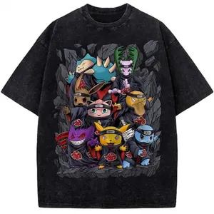 PKM Cute Ninja Animal Squad Vintage Washed T-Shirt – Dark Anime Style Graphic Tee