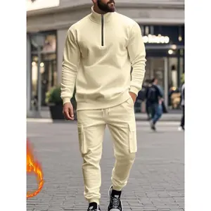 Men's Fleece Tracksuit Set - Half-Zip Mock Neck Top, Cargo Joggers, Ribbed Trim, Athletic Fit. Designed for All - Day warmth in winter and casual settings, suitable for outdoor workouts, urban commutes, and lazy Sundays. A Must-Have for Modern Men Seeking