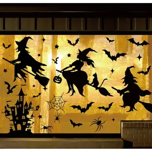 Extra Large Halloween Window Clings Black Witch Castle Bat Window Stickers Double-Sided Glass Decals for Home Classroom Office Party Decoration, 4 Sheets