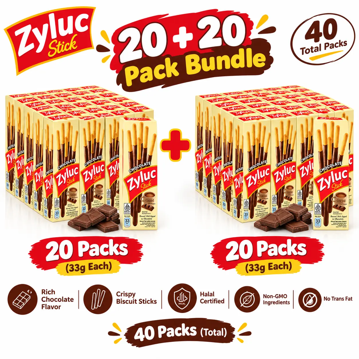 Zyluc Chocolate Biscuit Sticks 40-Pack Bundle, 20 + 20 Packs, Cocoa-Dipped Crispy Biscuit Snacks, 33g Individual Packs, Halal Certified, Non-GMO, No Trans Fat, Sweet Chocolate Treats for Sharing & On-the-Go Snacking